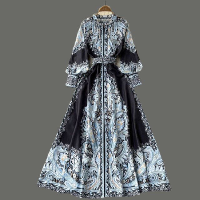 Paisley Printed Belted Bishop Sleeve Maxi Dress