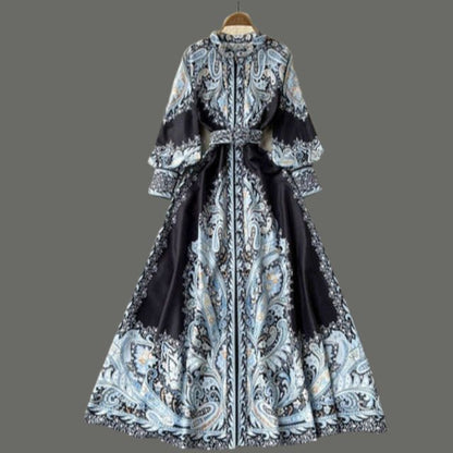 Paisley Printed Belted Bishop Sleeve Maxi Dress