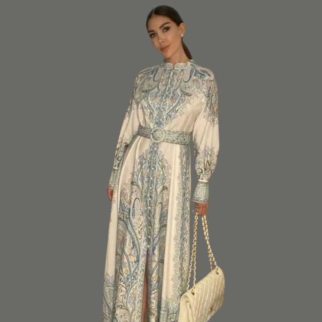 Paisley Printed Belted Bishop Sleeve Maxi Dress