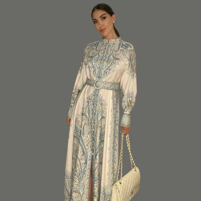 Paisley Printed Belted Bishop Sleeve Maxi Dress
