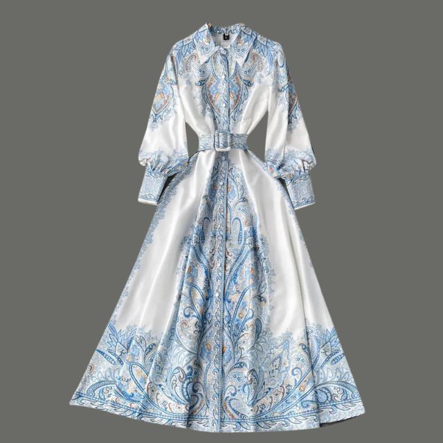 Paisley Printed Belted Bishop Sleeve Maxi Dress
