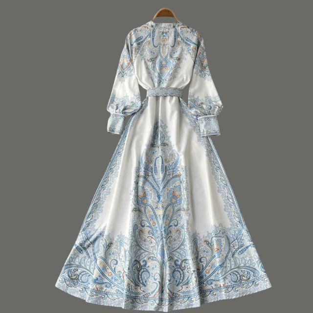 Paisley Printed Belted Bishop Sleeve Maxi Dress