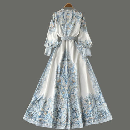 Paisley Printed Belted Bishop Sleeve Maxi Dress
