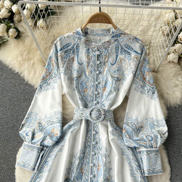 Paisley Printed Belted Bishop Sleeve Maxi Dress