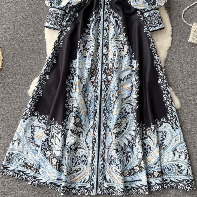 Paisley Printed Belted Bishop Sleeve Maxi Dress