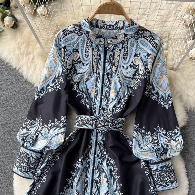 Paisley Printed Belted Bishop Sleeve Maxi Dress