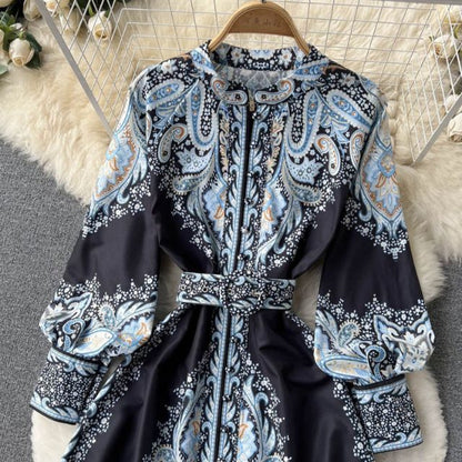 Paisley Printed Belted Bishop Sleeve Maxi Dress