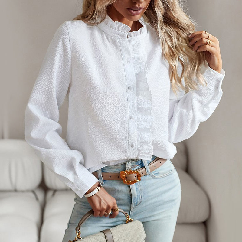 Ruched Placket Seersucker Straight Hem Blouse