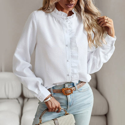 Ruched Placket Seersucker Straight Hem Blouse
