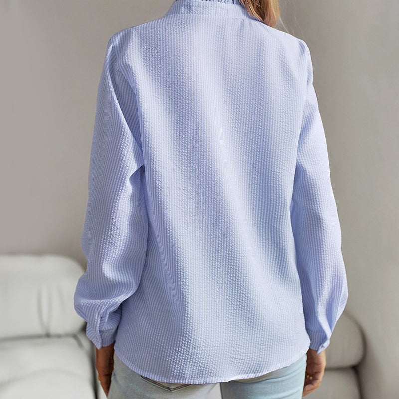 Ruched Placket Seersucker Straight Hem Blouse