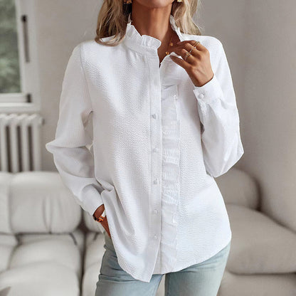 Ruched Placket Seersucker Straight Hem Blouse