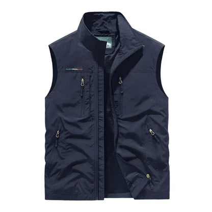 Solid Full Zip Multi Pocket Sleeveless Gilet Vest