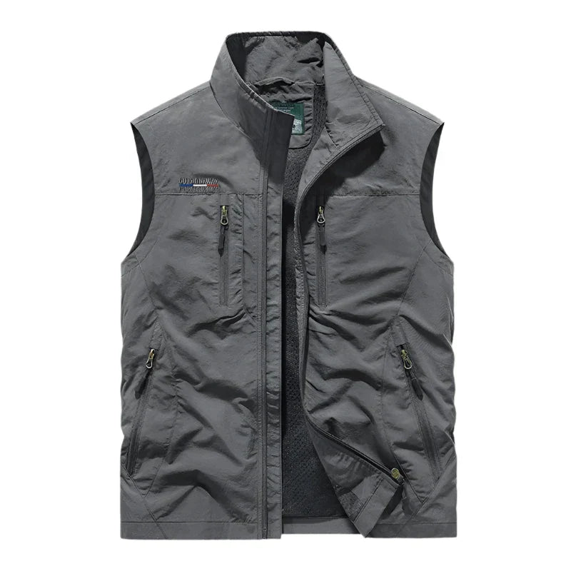 Solid Full Zip Multi Pocket Sleeveless Gilet Vest