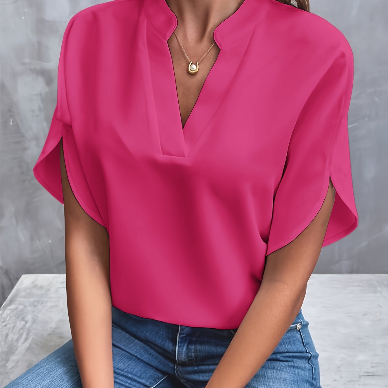 Notch Neck Petal Sleeve Blouse