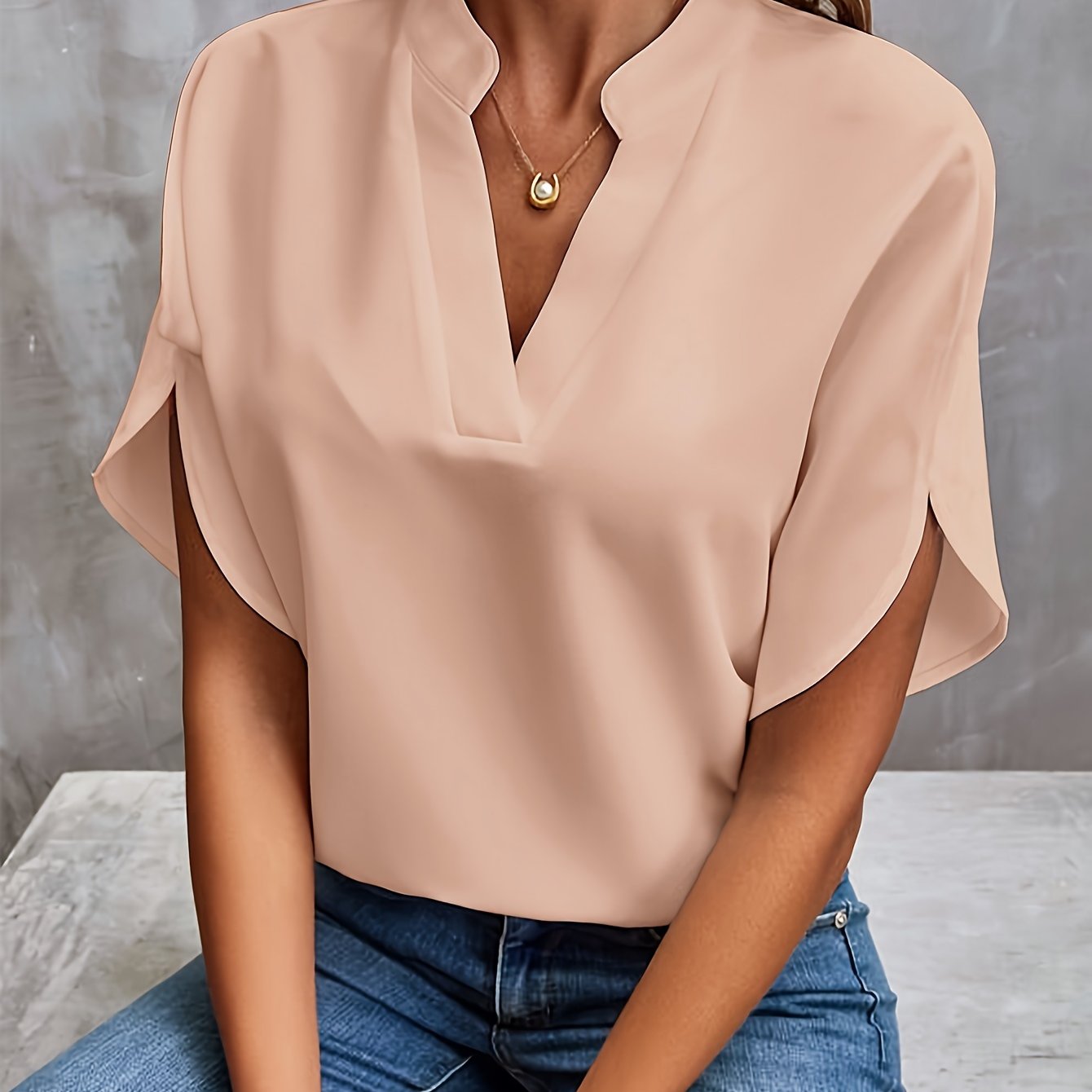 Notch Neck Petal Sleeve Blouse