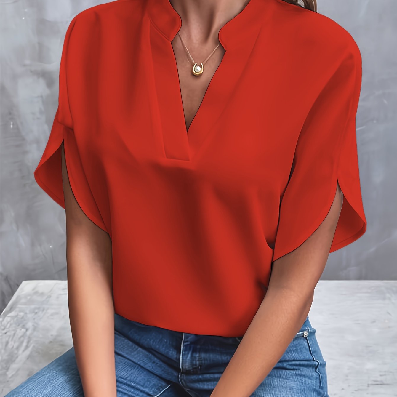 Notch Neck Petal Sleeve Blouse