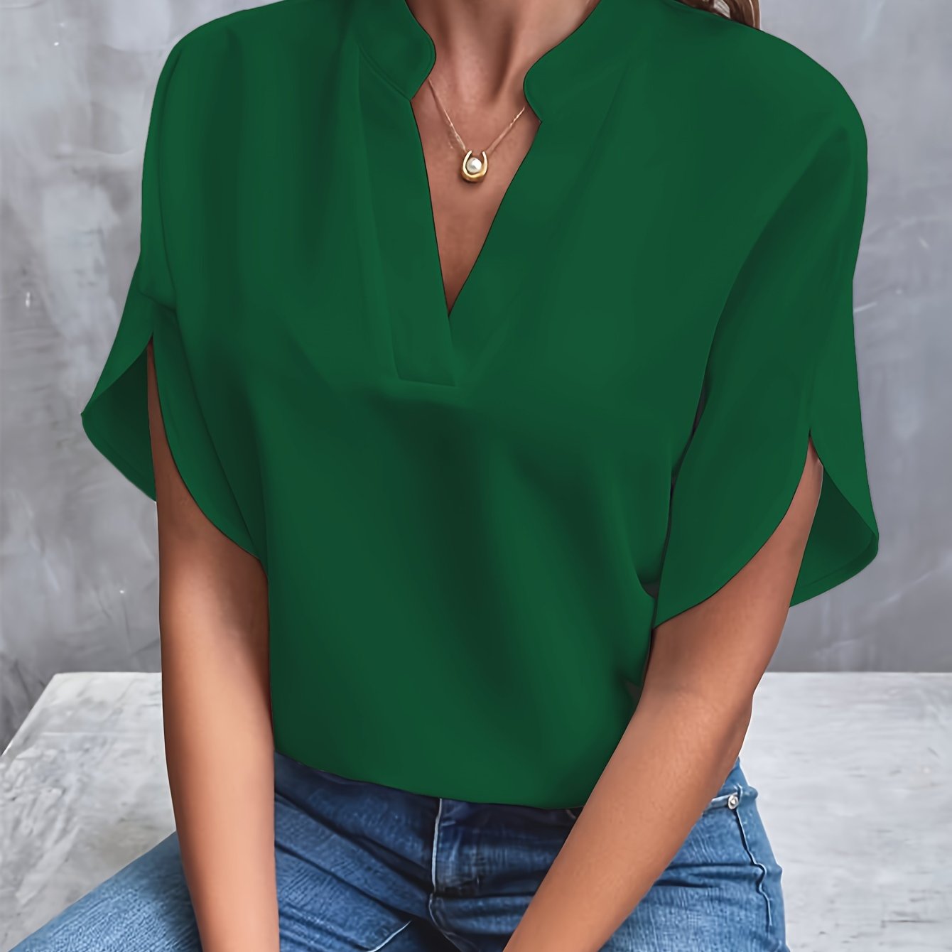 Notch Neck Petal Sleeve Blouse