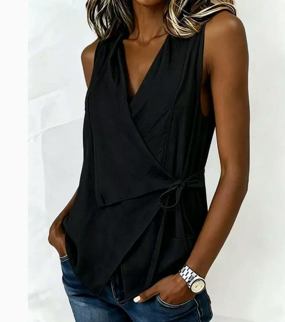 Sleeveless Wrap Asymmetric Collared Tied Pointed Blouse