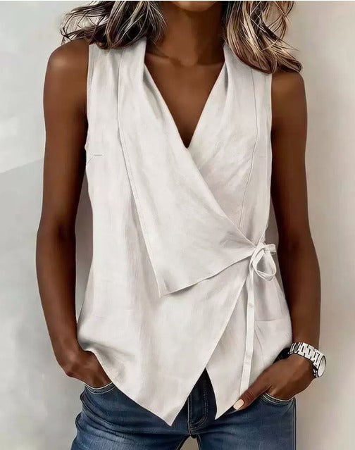 Sleeveless Wrap Asymmetric Collared Tied Pointed Blouse