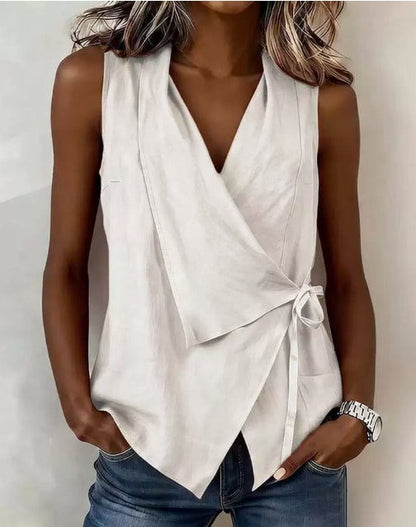 Sleeveless Wrap Asymmetric Collared Tied Pointed Blouse