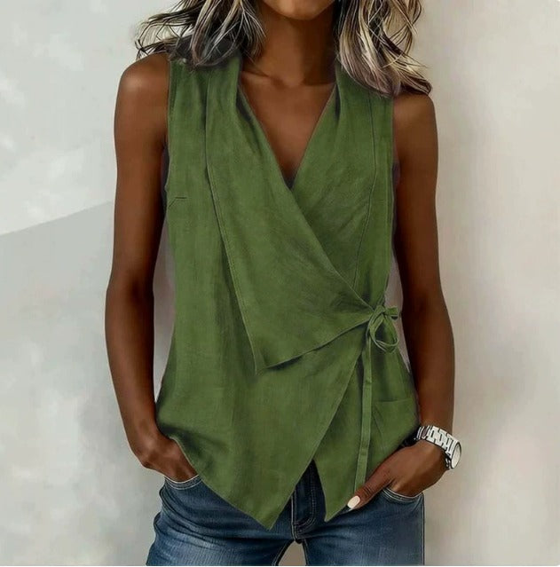 Sleeveless Wrap Asymmetric Collared Tied Pointed Blouse