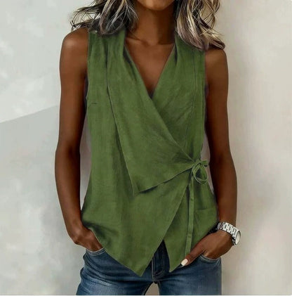 Sleeveless Wrap Asymmetric Collared Tied Pointed Blouse