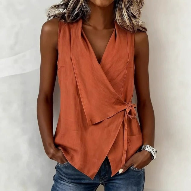 Sleeveless Wrap Asymmetric Collared Tied Pointed Blouse