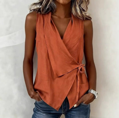 Sleeveless Wrap Asymmetric Collared Tied Pointed Blouse