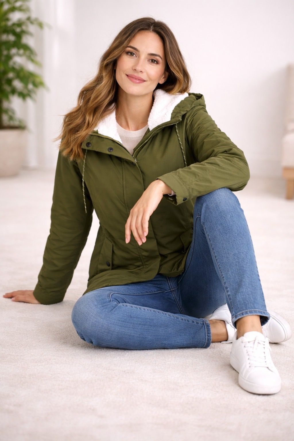Hooded Faux Shearling Lined Parka Jacket For Women