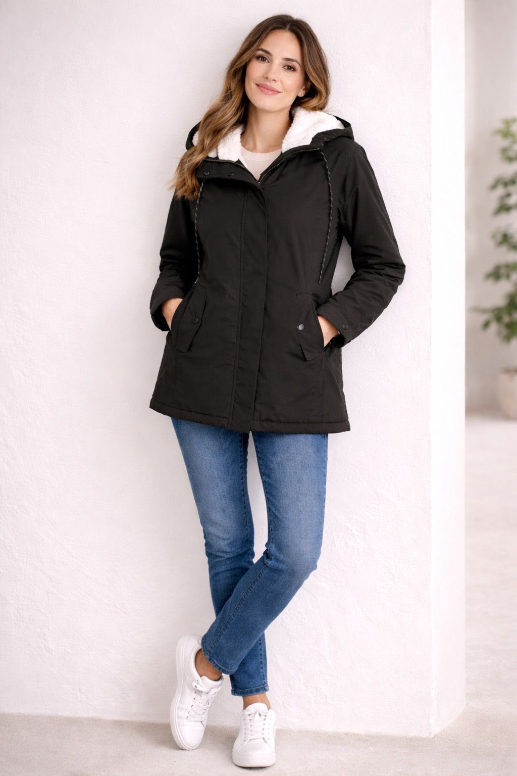 Hooded Faux Shearling Lined Parka Jacket For Women