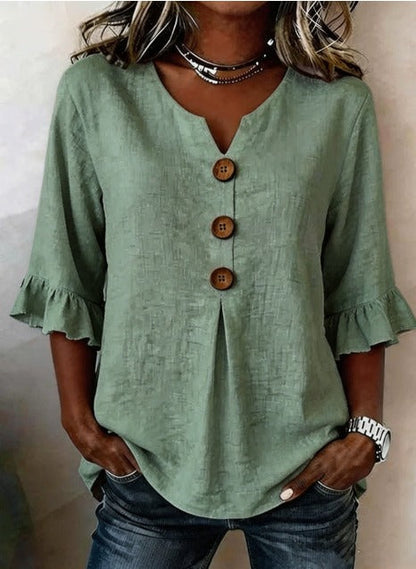 V Neck Button Detail Ruffle Sleeve Top
