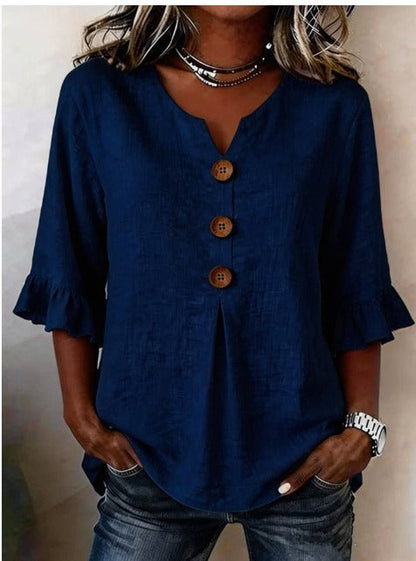 V Neck Button Detail Ruffle Sleeve Top