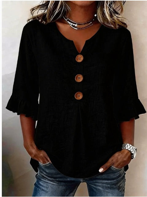 V Neck Button Detail Ruffle Sleeve Top