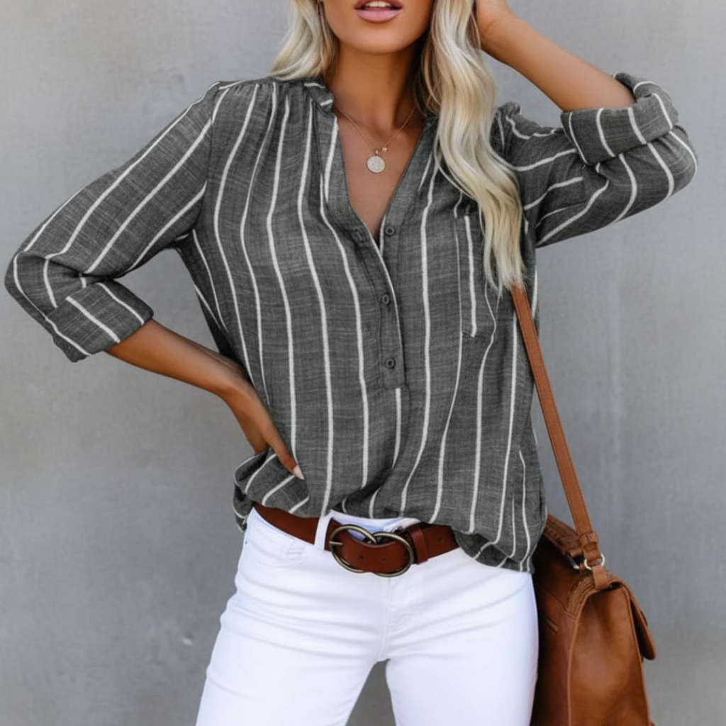 Vertical Striped Buttoned Cuffed Relaxed Top