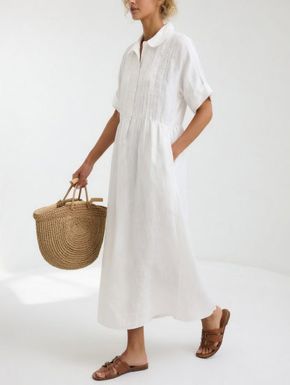 Collared Buttoned Gathered Loose Midi Dress
