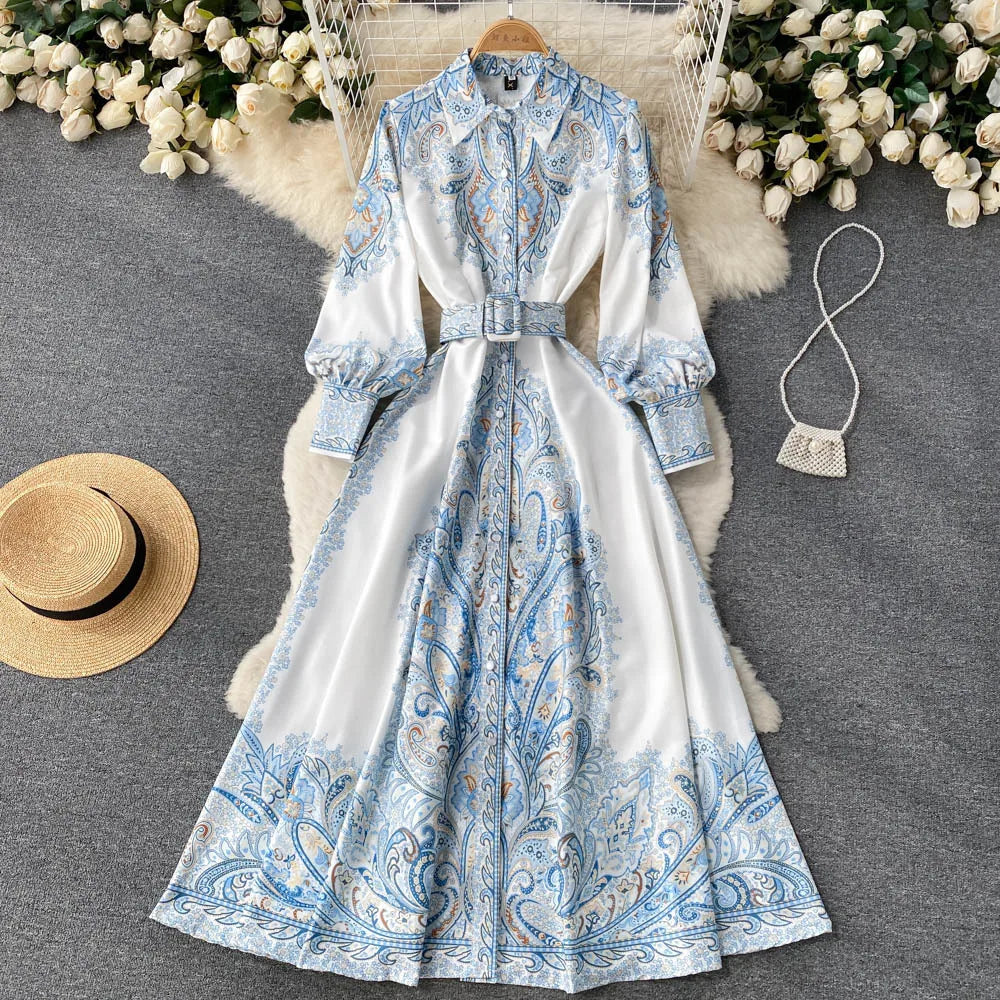 Paisley Printed Belted Bishop Sleeve Maxi Dress