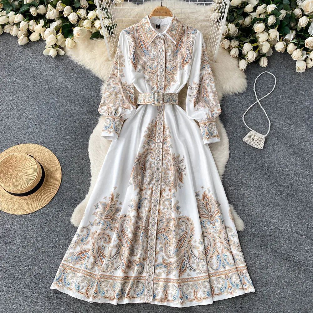 Paisley Printed Belted Bishop Sleeve Maxi Dress
