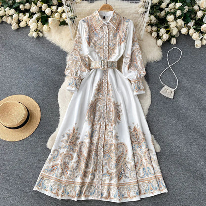 Paisley Printed Belted Bishop Sleeve Maxi Dress