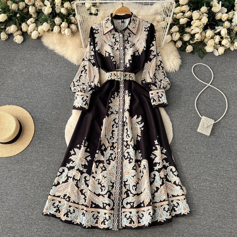 Paisley Printed Belted Bishop Sleeve Maxi Dress