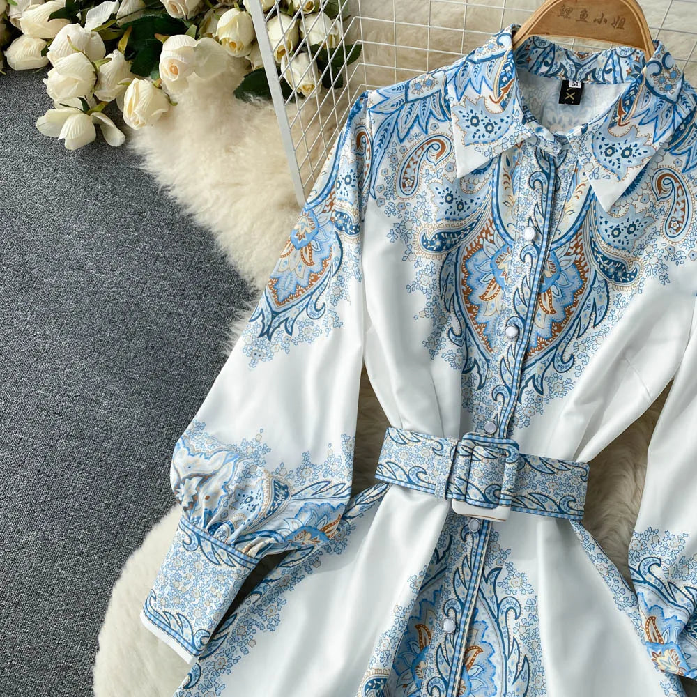 Paisley Printed Belted Bishop Sleeve Maxi Dress