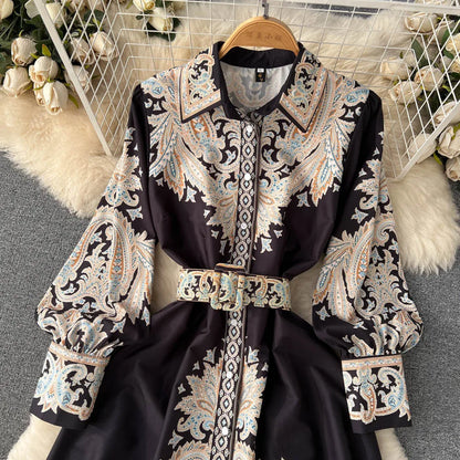 Paisley Printed Belted Bishop Sleeve Maxi Dress