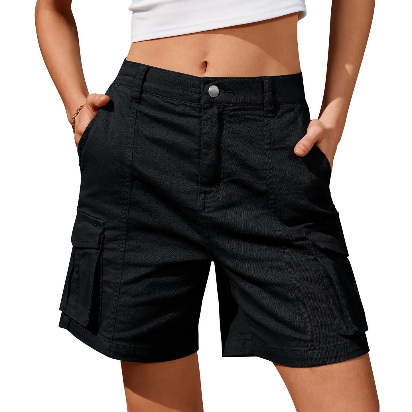 Buttoned Pocketed Looped Flapped Stitched Straight Shorts