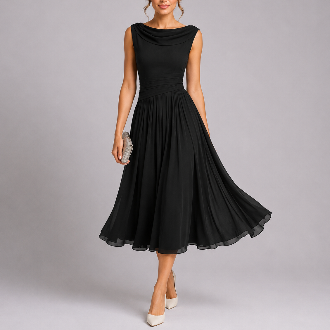 Women's Cowl Neck Sleeveless Pleated Midi Dress