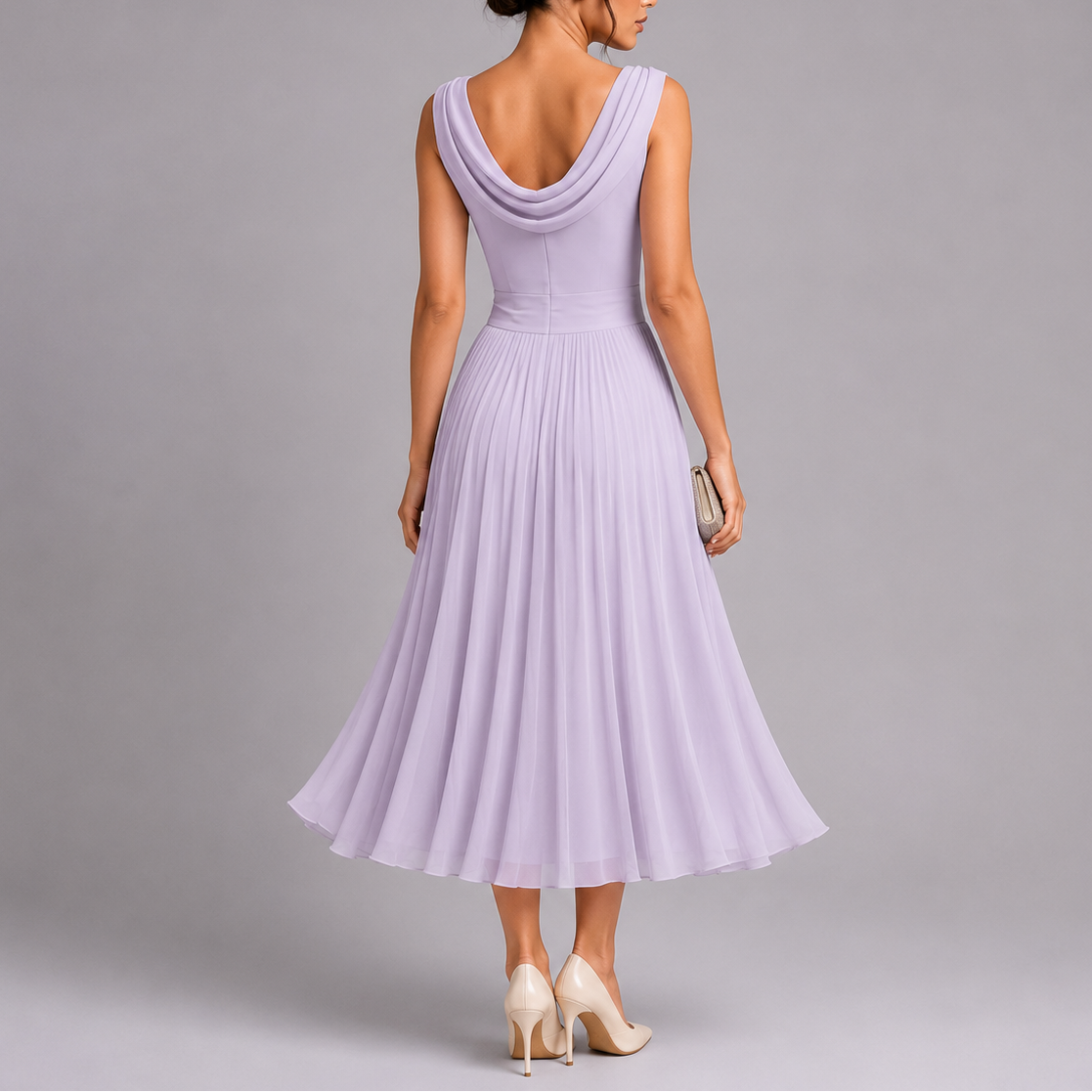 Women's Cowl Neck Sleeveless Pleated Midi Dress