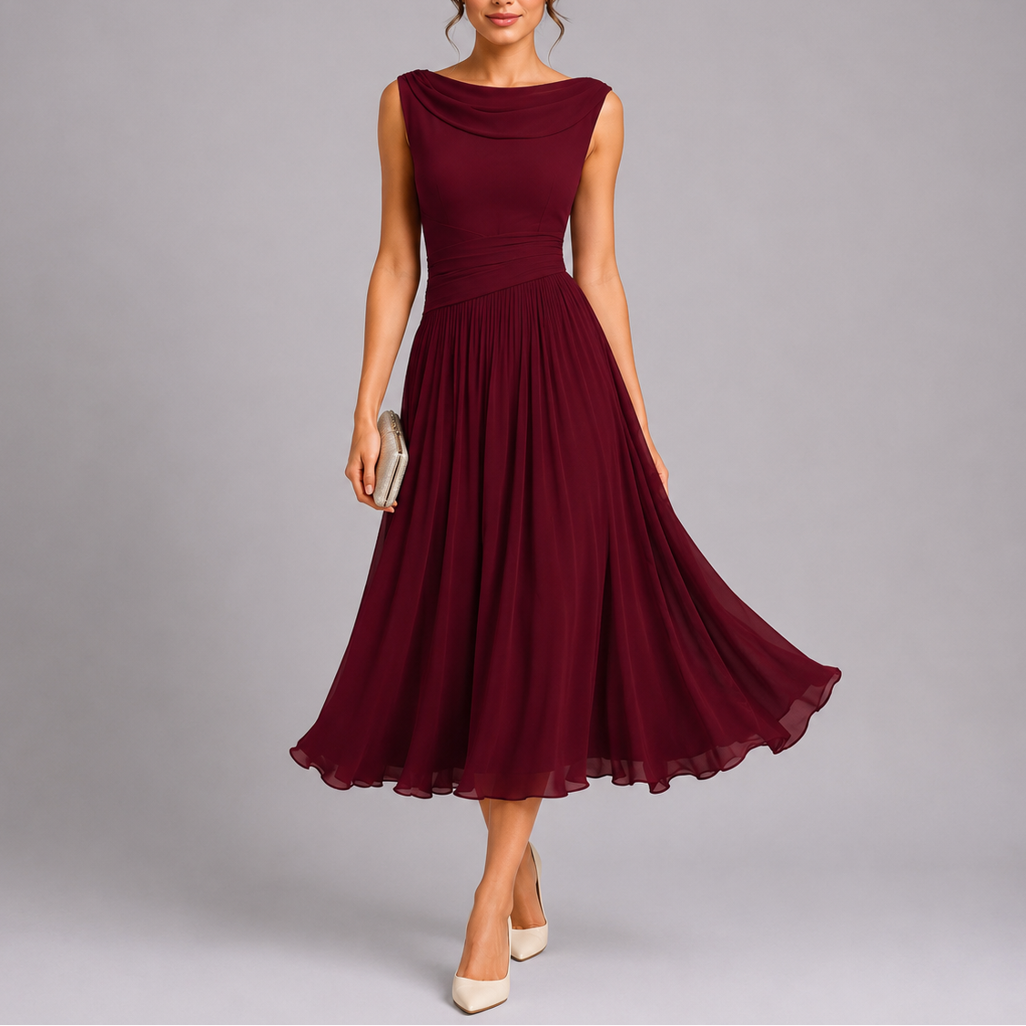 Women's Cowl Neck Sleeveless Pleated Midi Dress