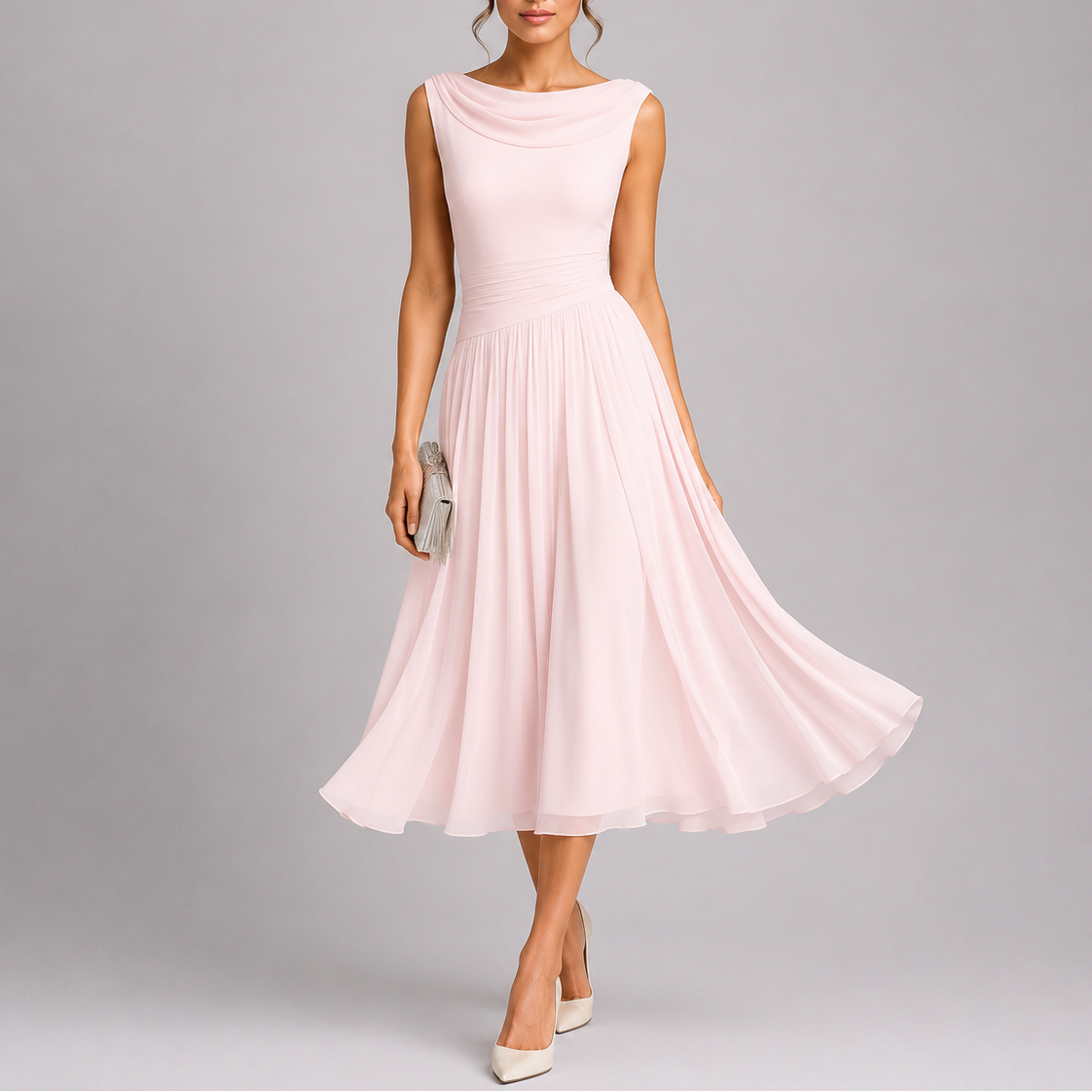 Women's Cowl Neck Sleeveless Pleated Midi Dress
