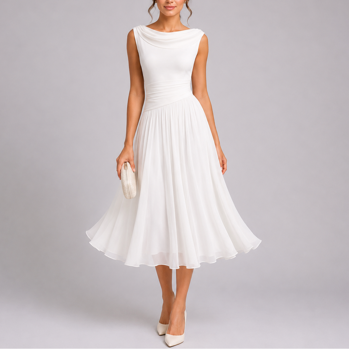 Women's Cowl Neck Sleeveless Pleated Midi Dress