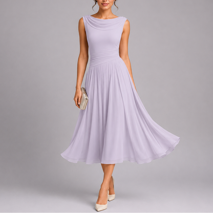 Women's Cowl Neck Sleeveless Pleated Midi Dress