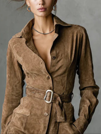 Single Breasted Lapel Long Sleeve Midi Dress