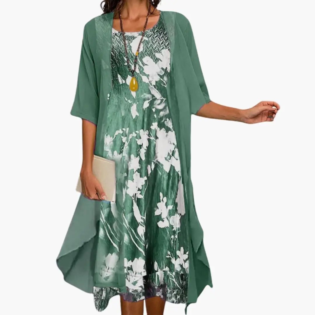 Printed Boat Neck Layered Drape Midi Set